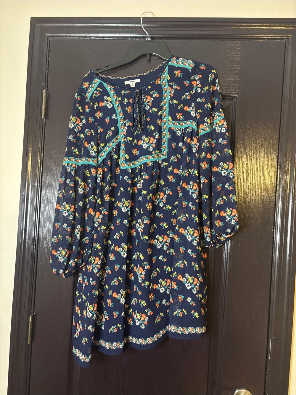 Girls' Navy Floral Peasant Dress with Turquoise Trim